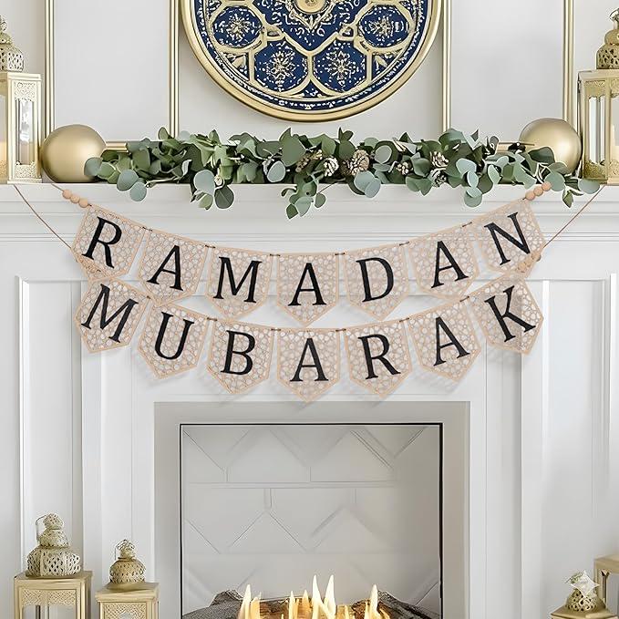2 Pcs Ramadan Mubarak Banner  Eid Decorations Rustic Bead Party Decor