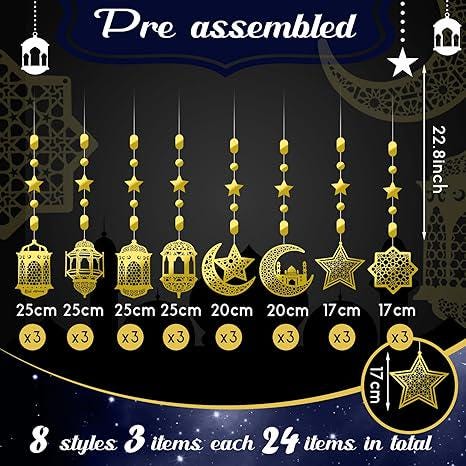 24 Pcs Islamic Star Moon Lantern Ramadan Garland Eid Banner Gold Party Wall Decor