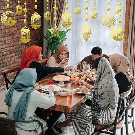 24 Pcs Islamic Star Moon Lantern Ramadan Garland Eid Banner Gold Party Wall Decor