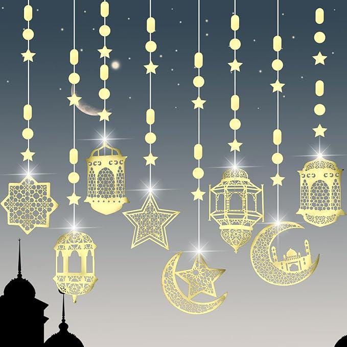 8 Pcs Eid Hanging Decorations Pre Strung Garland Star Moon Lantern Gold Party Decor