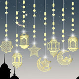 8 Pcs Eid Hanging Decorations Pre Strung Garland Star Moon Lantern Gold Party Decor