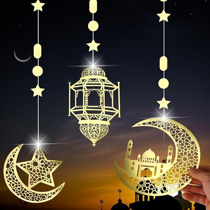 8 Pcs Eid Hanging Decorations Pre Strung Garland Star Moon Lantern Gold Party Decor