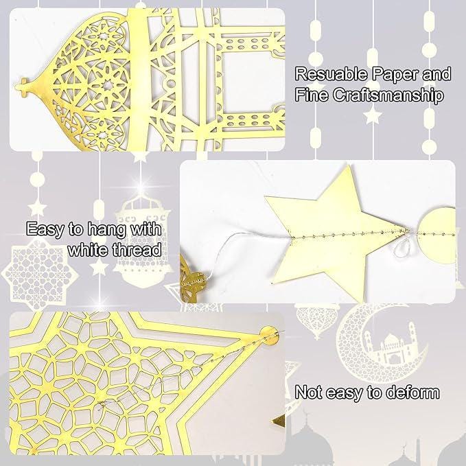 8 Pcs Eid Hanging Decorations Pre Strung Garland Star Moon Lantern Gold Party Decor