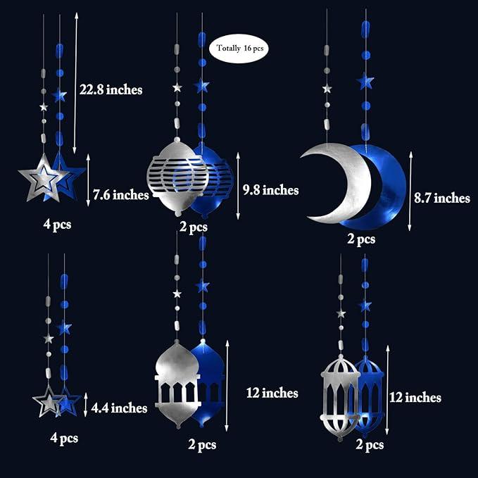 Silver Blue Ramadan Decorations Star Moon Lantern Garland Eid Mubarak Banner