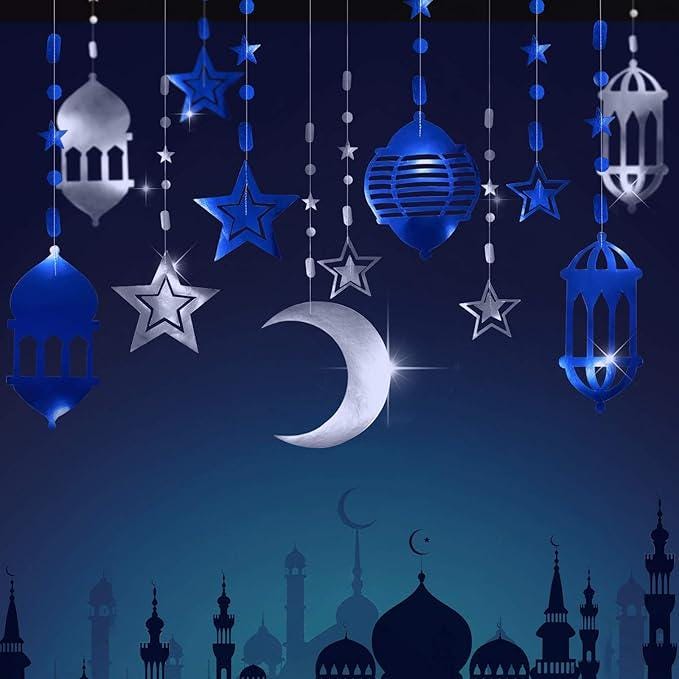 Silver Blue Ramadan Decorations Star Moon Lantern Garland Eid Mubarak Banner