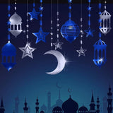 Silver Blue Ramadan Decorations Star Moon Lantern Garland Eid Mubarak Banner