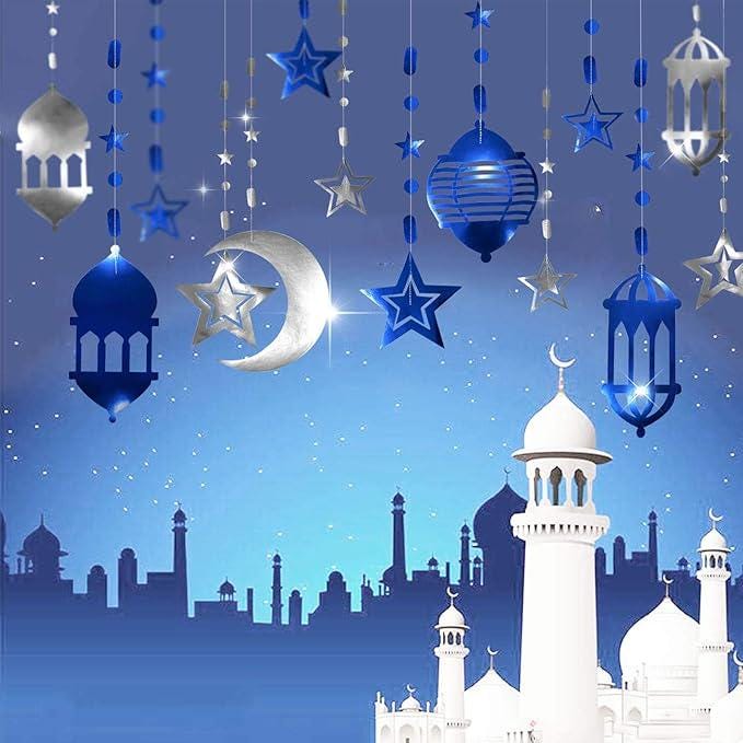 Silver Blue Ramadan Decorations Star Moon Lantern Garland Eid Mubarak Banner