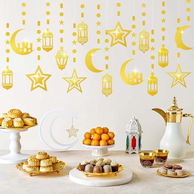 Gold Star Moon Lantern Ramadan Garland Hanging Banner Eid Mubarak Home Decor