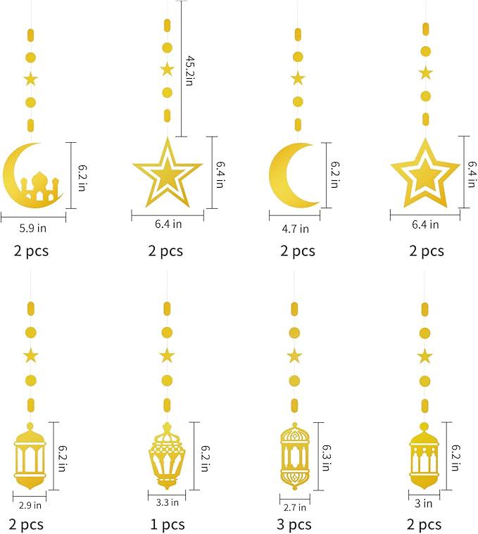 Gold Star Moon Lantern Ramadan Garland Hanging Banner Eid Mubarak Home Decor