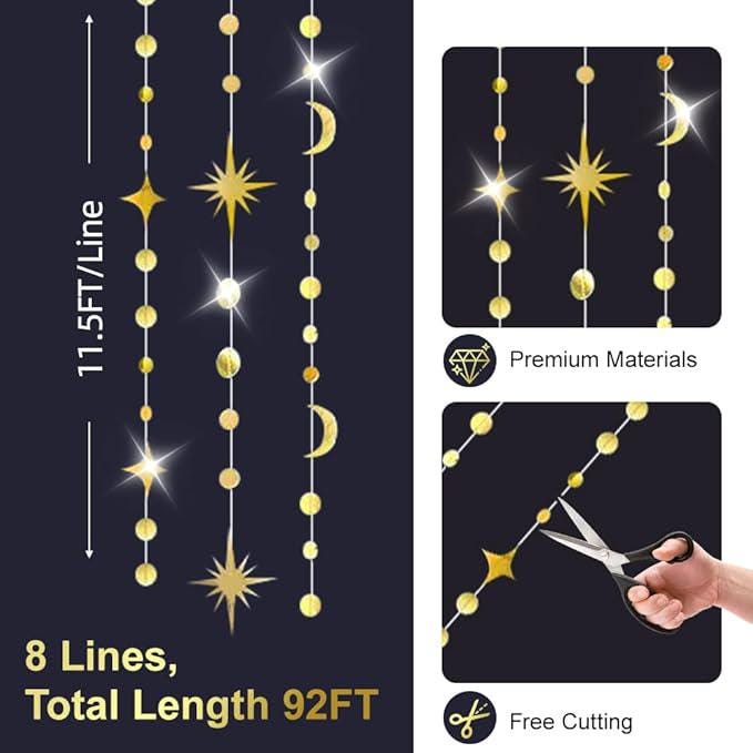 Gold Moon Star Garland Crescent Hanging Decor Ramadan Eid Mubarak Party Supplies