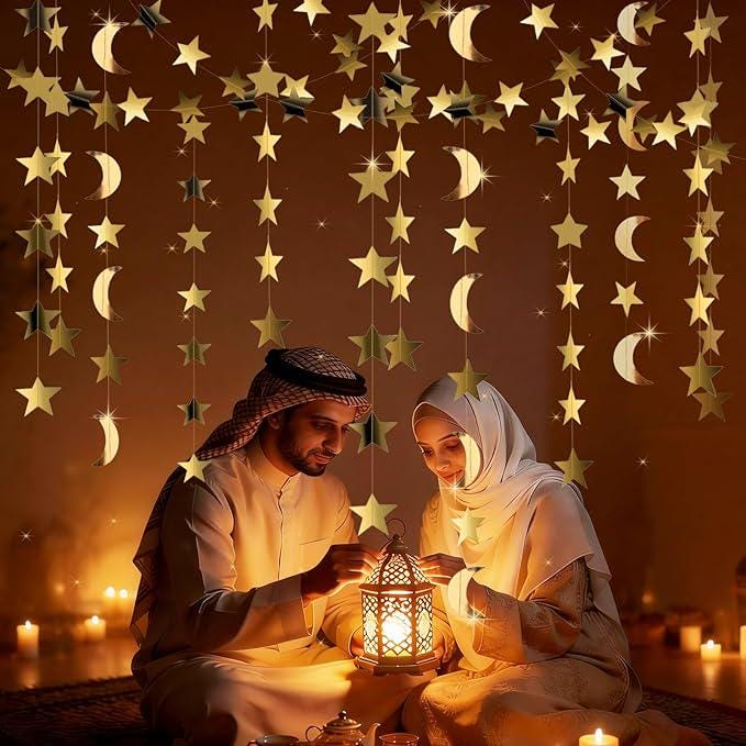 Gold Moon Stars Garland Hanging Decorations Starry Night Eid Ramadan Party Decor