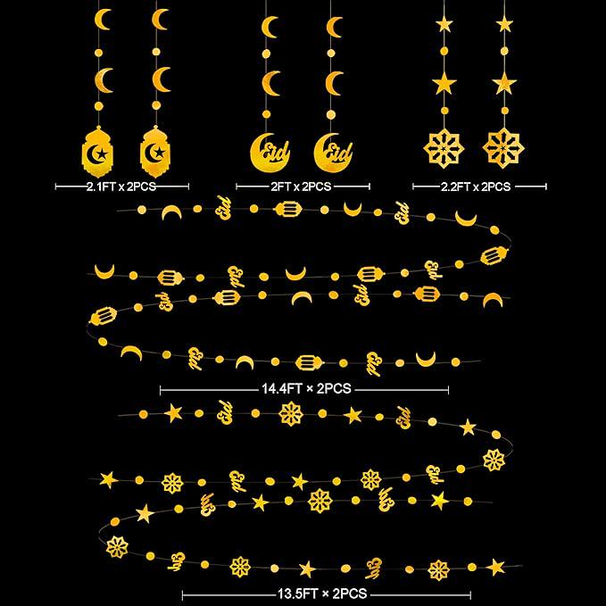 Gold Ramadan Decoration Eid Mubarak Star Moon Lantern Hanging Garland Banner