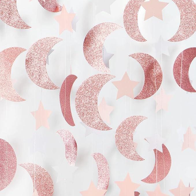 Pink Rose Gold Moon Star Garland Twinkle Hanging Decoration Eid Ramadan Party