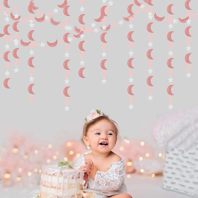Pink Rose Gold Moon Star Garland Twinkle Hanging Decoration Eid Ramadan Party