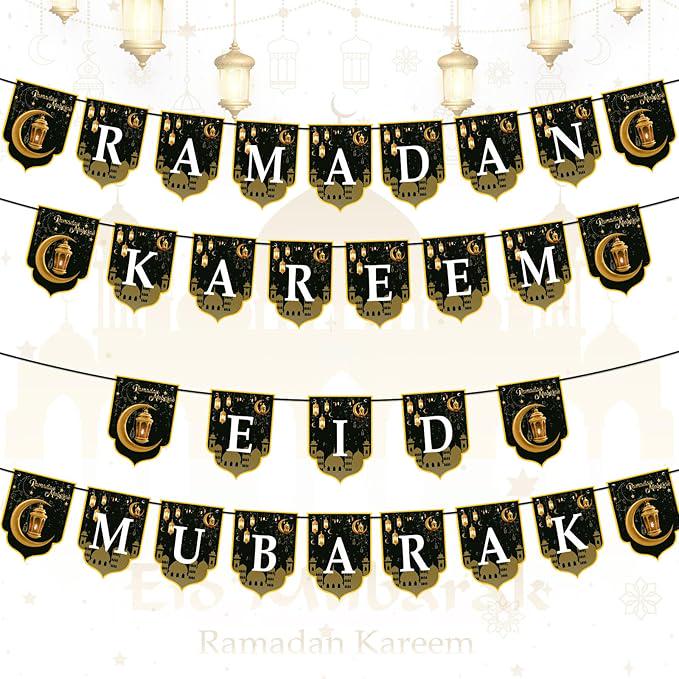 4pcs 2 in 1 Ramadan Eid Mubarak Banner Black Gold Hanging Garland Home Decor