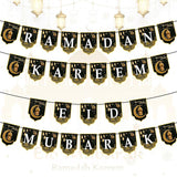 4pcs 2 in 1 Ramadan Eid Mubarak Banner Black Gold Hanging Garland Home Decor