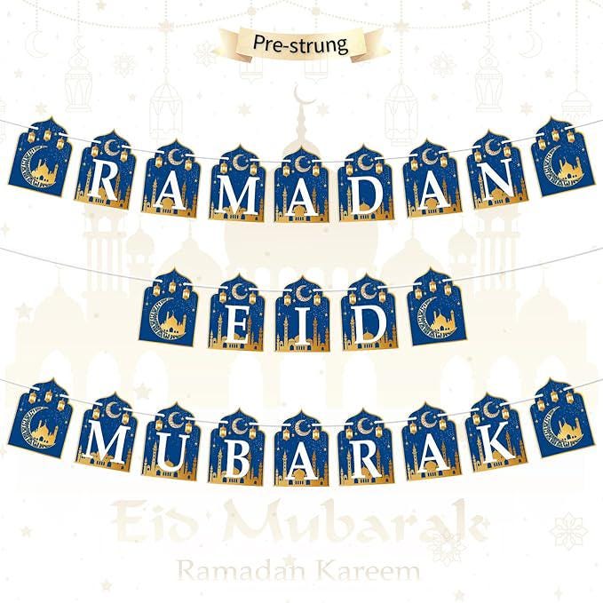 3pcs Ramadan Banner Eid Mubarak Hanging Decorations Home Wall Tree Garland
