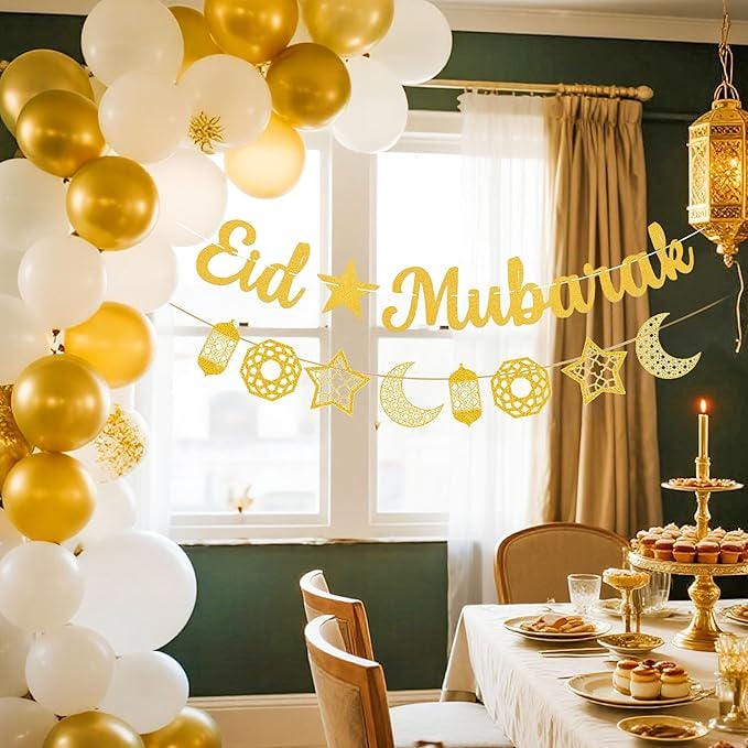 Gold Eid Banner Ramadan Hanging Decorations Home Garland Party Supplies