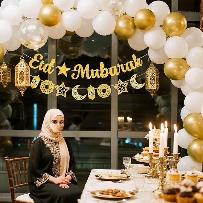 Gold Eid Banner Ramadan Hanging Decorations Home Garland Party Supplies