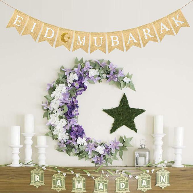Eid Mubarak Burlap Banner Rustic Ramadan Garland Mantel Fireplace Home Decor