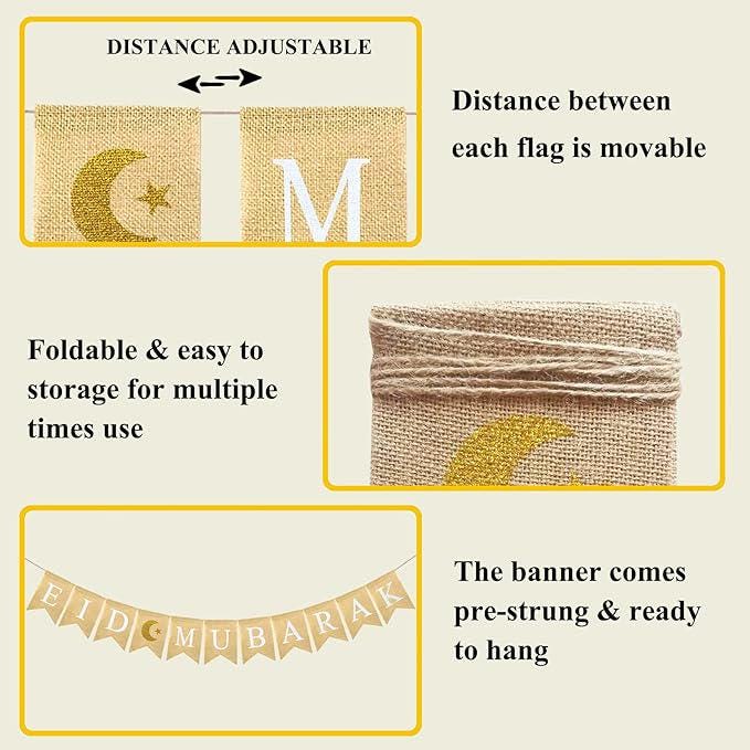 Eid Mubarak Burlap Banner Rustic Ramadan Garland Mantel Fireplace Home Decor