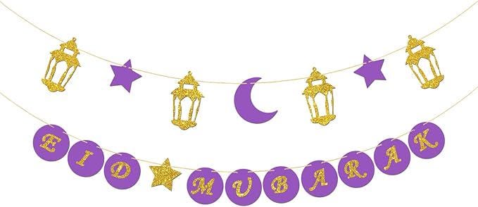 Eid Mubarak Banner Purple Gold Ramadan Bunting Lantern Moon Star Garland