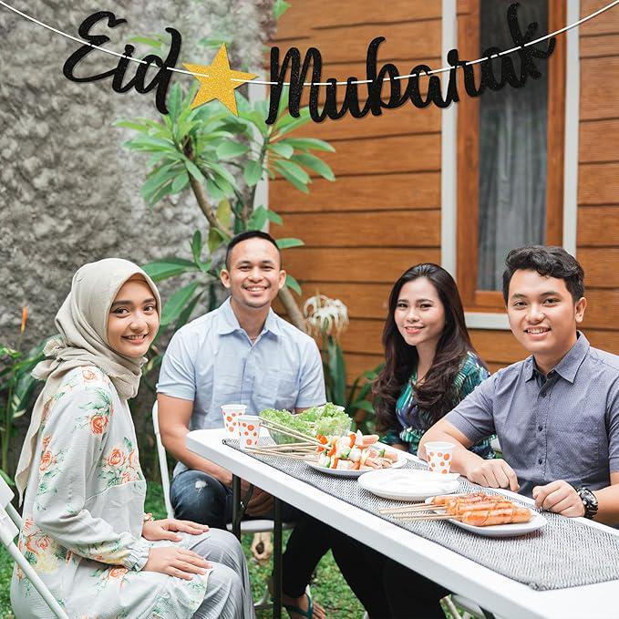 Eid Mubarak Banner Black Glitter Ramadan Mubarak Garland Home Party Decorations