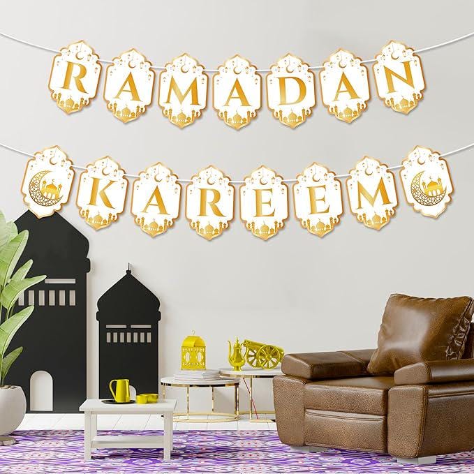 2pcs Ramadan Kareem Banner Eid Mubarak Hanging Decorations Home Wall Tree Garland