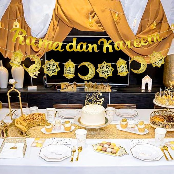 Gold Eid Banner Garland Ramadan Moon Star Hanging Decorations Home Supplies