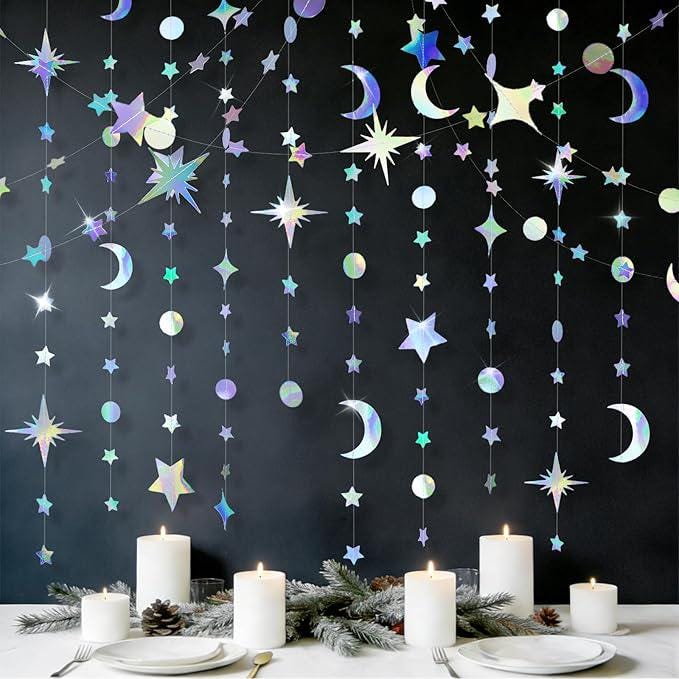 Iridescent Star Moon Garland Holographic Party Decorations Ramadan Birthday Wedding Decor