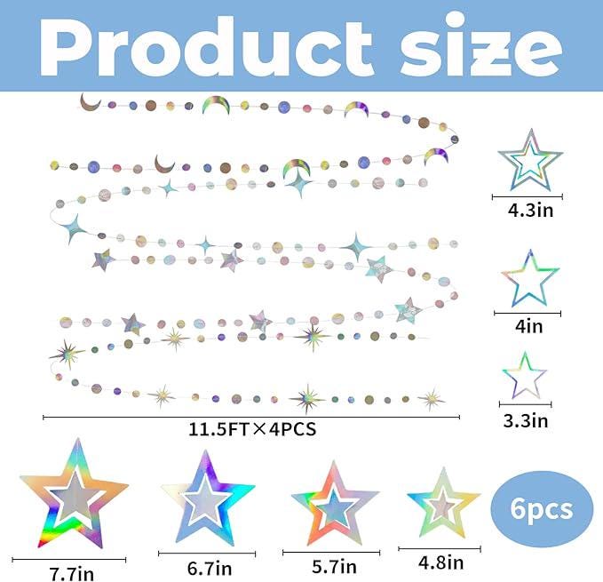 Moon and Stars Decor Iridescent Star Garland Hanging Decorations Ramadan Eid Parties