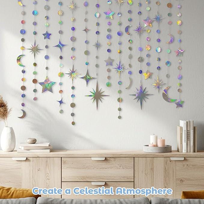 Moon and Stars Decor Iridescent Star Garland Hanging Decorations Ramadan Eid Parties