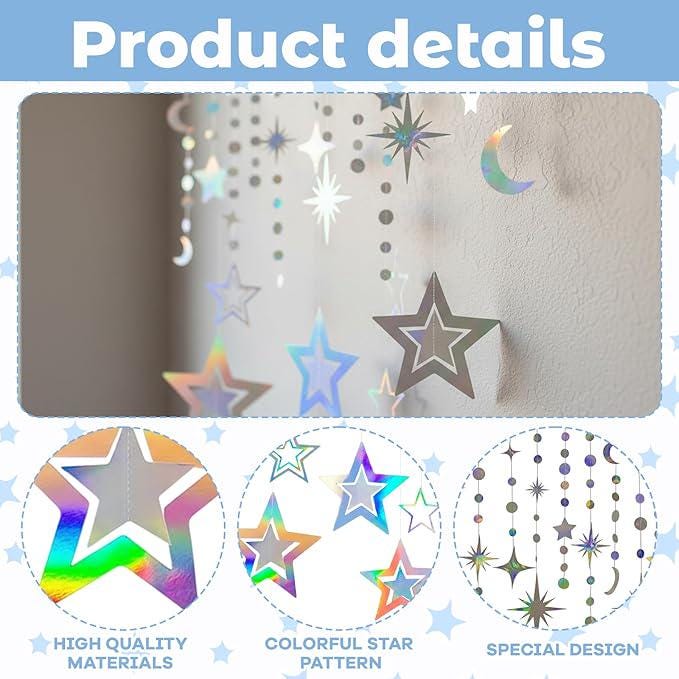 Moon and Stars Decor Iridescent Star Garland Hanging Decorations Ramadan Eid Parties