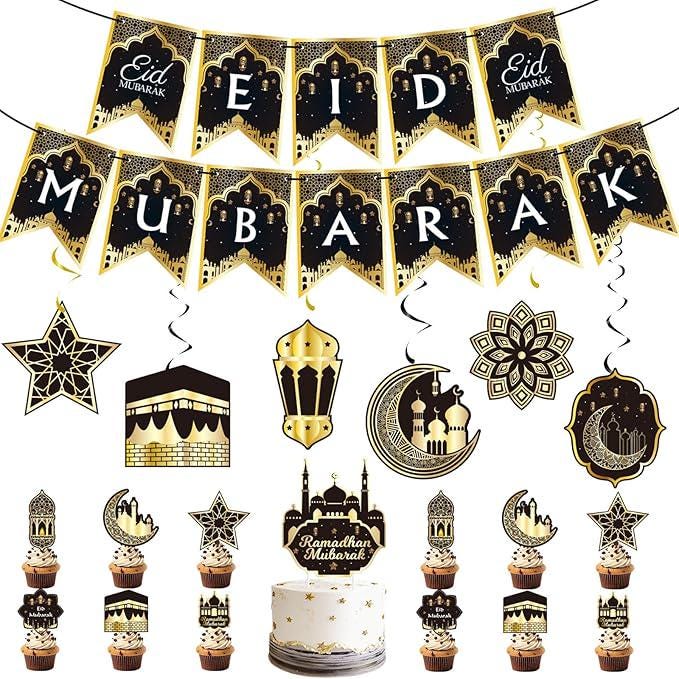 31Pcs Eid Mubarak Banners Ramadan Kareem Hanging Swirls Moon Star Wall Decorations