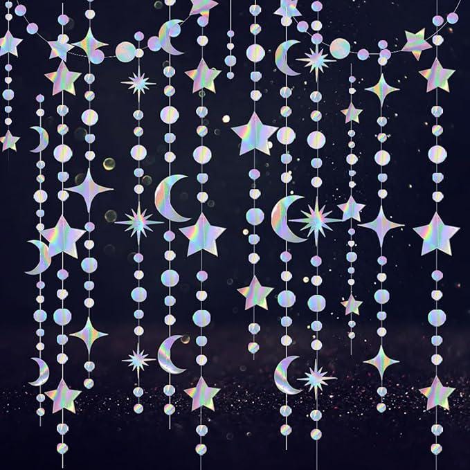 4 Pack Iridescent Star Moon Garland Holographic Party Decorations Ramadan Eid Hanging