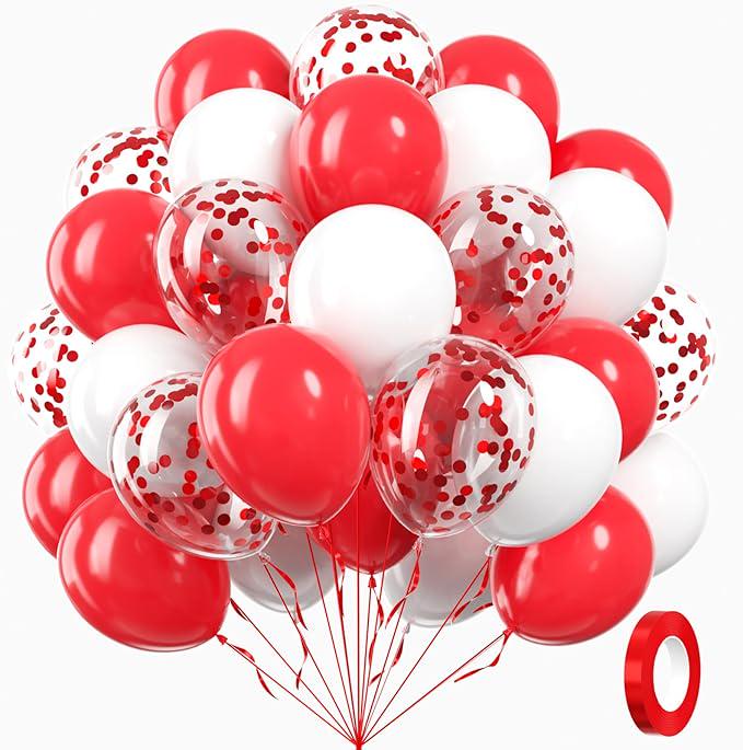 60pcs Red and White Balloons with Confetti for Wedding Birthday Valentine Party Decor