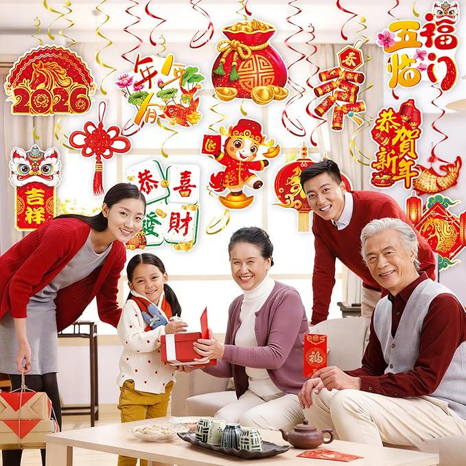 2026 Chinese New Year Hanging Swirls 30 Pcs Lunar Ceiling Streamers Horse Theme