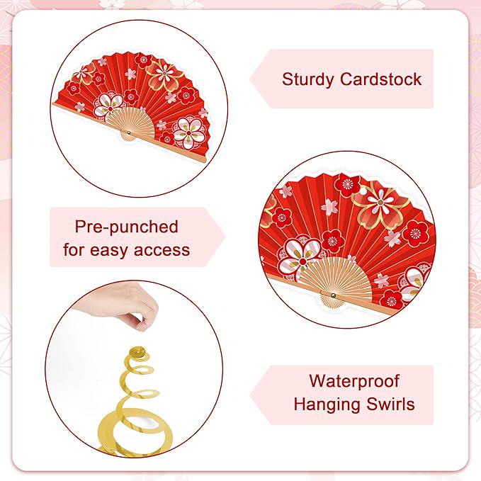 30 PCS Hibachi Party Decorations Japanese Folding Fans Hanging Swirls Asian Theme Party Supplies