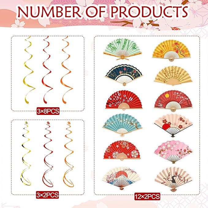 30 PCS Hibachi Party Decorations Japanese Folding Fans Hanging Swirls Asian Theme Party Supplies