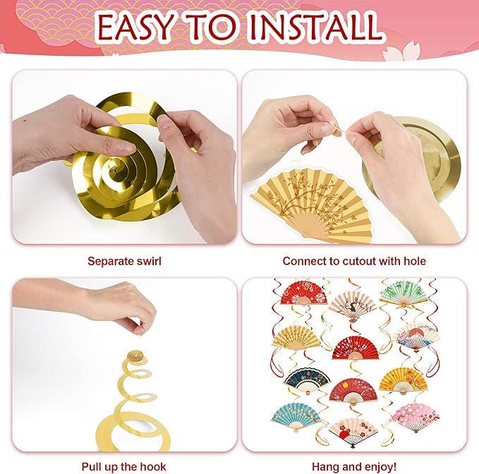 30 PCS Hibachi Party Decorations Japanese Folding Fans Hanging Swirls Asian Theme Party Supplies