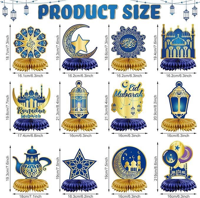 12 PCS Ramadan Mubarak Decorations Eid Honeycomb Centerpieces Blue Gold Moon Star Table Decor