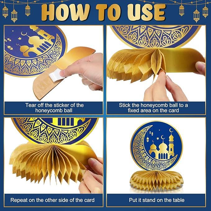 12 PCS Ramadan Mubarak Decorations Eid Honeycomb Centerpieces Blue Gold Moon Star Table Decor
