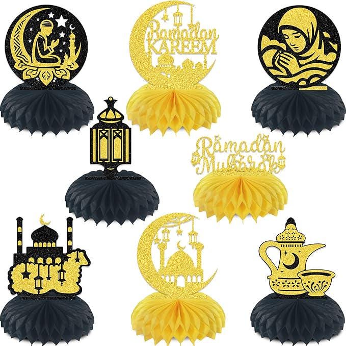 8 PCS Ramadan Mubarak Honeycomb Centerpieces Eid Al Fitr Festival Decor Black and Gold