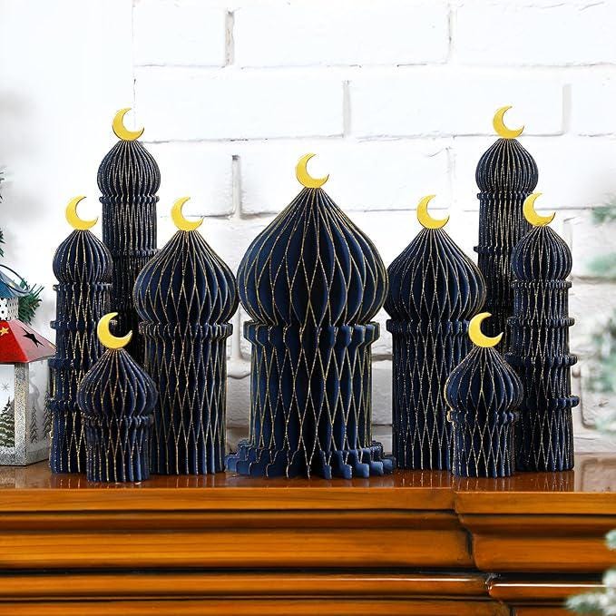 9 PCS Ramadan Party Decorations Honeycomb Centerpieces Eid Mubarak Table Decor Blue and Gold