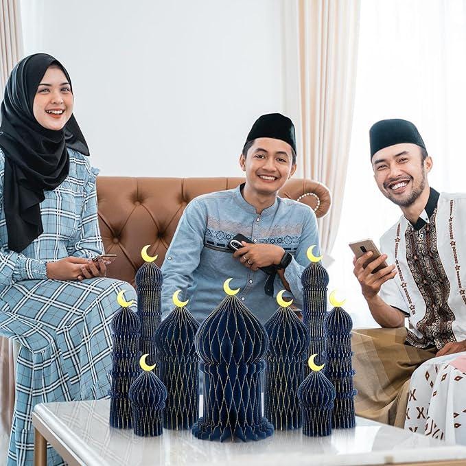 9 PCS Ramadan Party Decorations Honeycomb Centerpieces Eid Mubarak Table Decor Blue and Gold