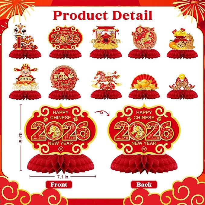 10 PCS Chinese New Year Honeycomb Centerpieces 2026 Horse Red and Gold Table Decor
