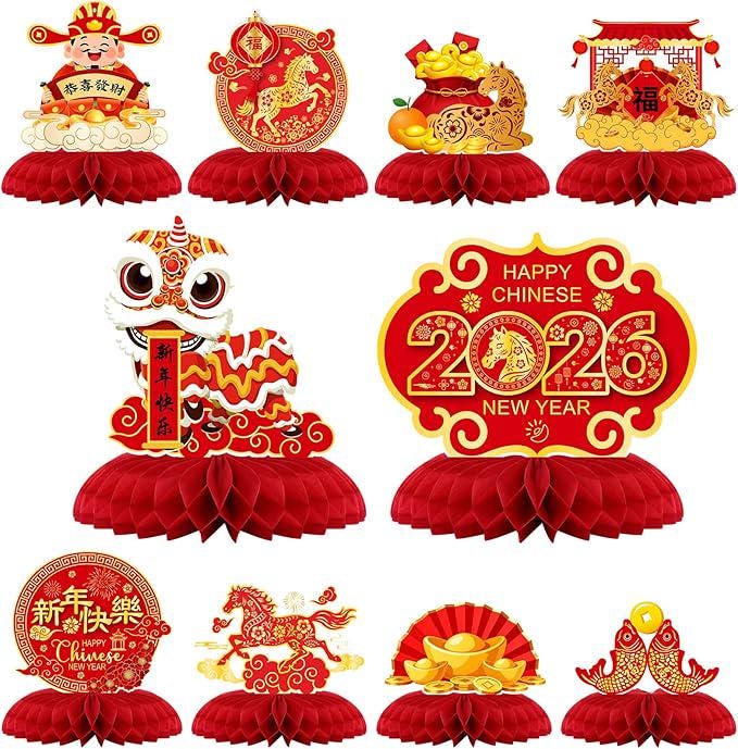 10 PCS Chinese New Year Honeycomb Centerpieces 2026 Horse Red and Gold Table Decor