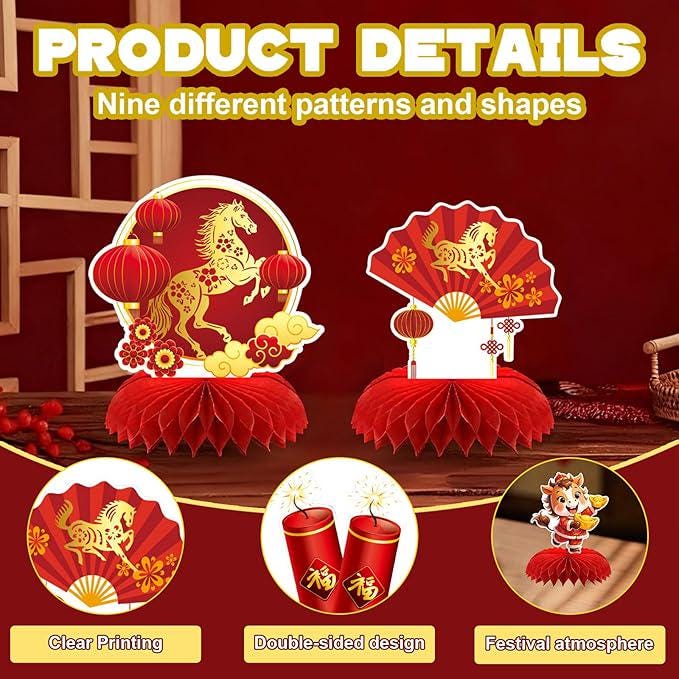 2026 Chinese New Year Table Honeycomb Centerpieces Red Horse Party Decor