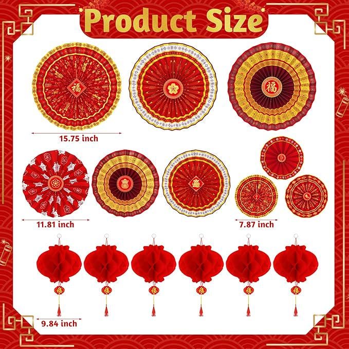 26 Pcs Chinese New Year Decorations Red Gold Paper Fans Lanterns Banner Garland