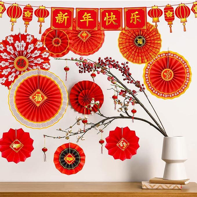 20 Pcs Chinese New Year Party Decorations Red Lanterns Fans Banner 2026 Horse